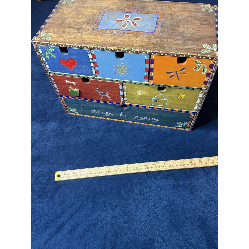 Vtg Handmade Mexican Mini Wooden Chest Hand Carved Art Jewelry Box